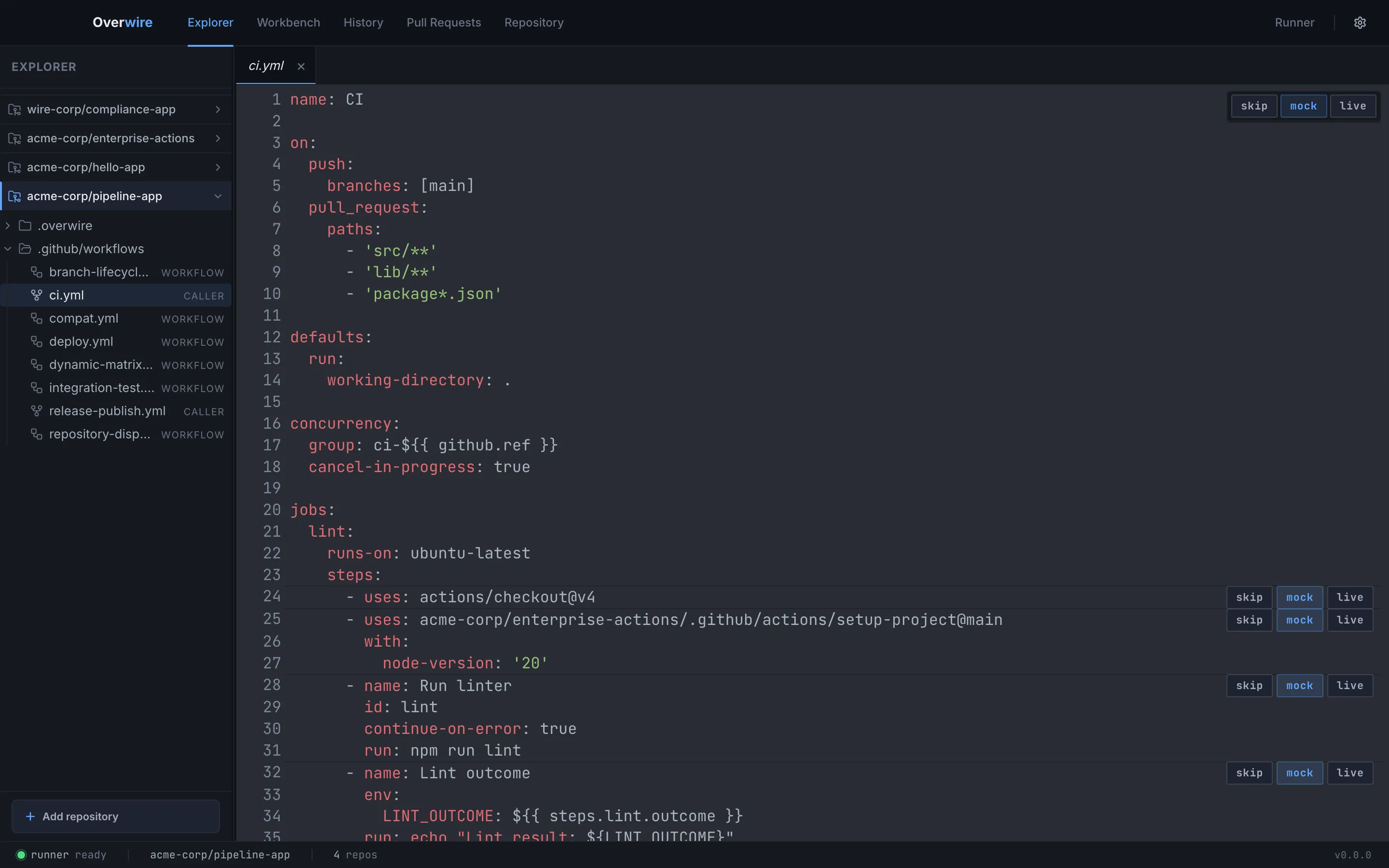 A workflow open in the viewer with per-step skip/mock/live buttons