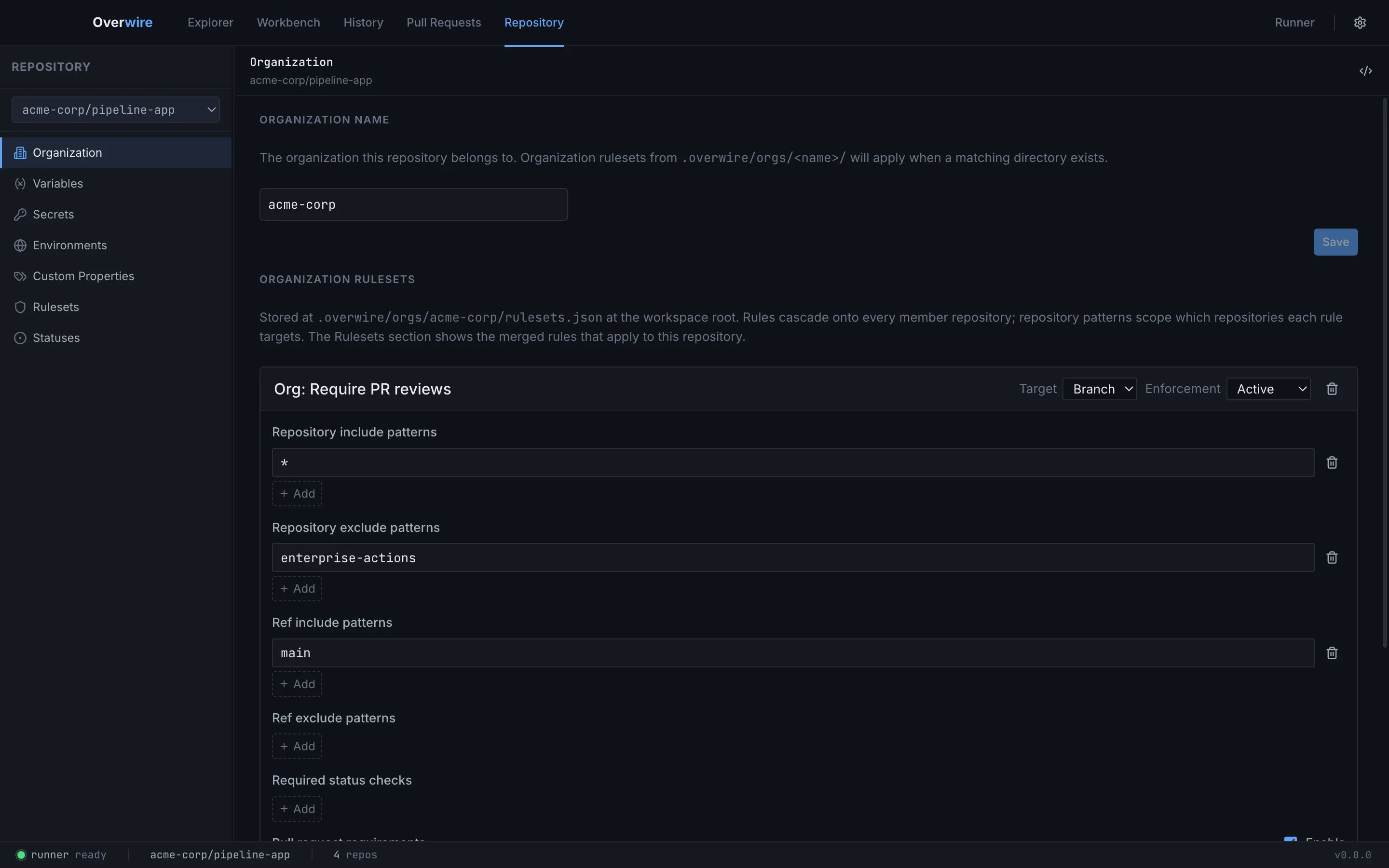 The organization section with the owner field and an editable organization ruleset