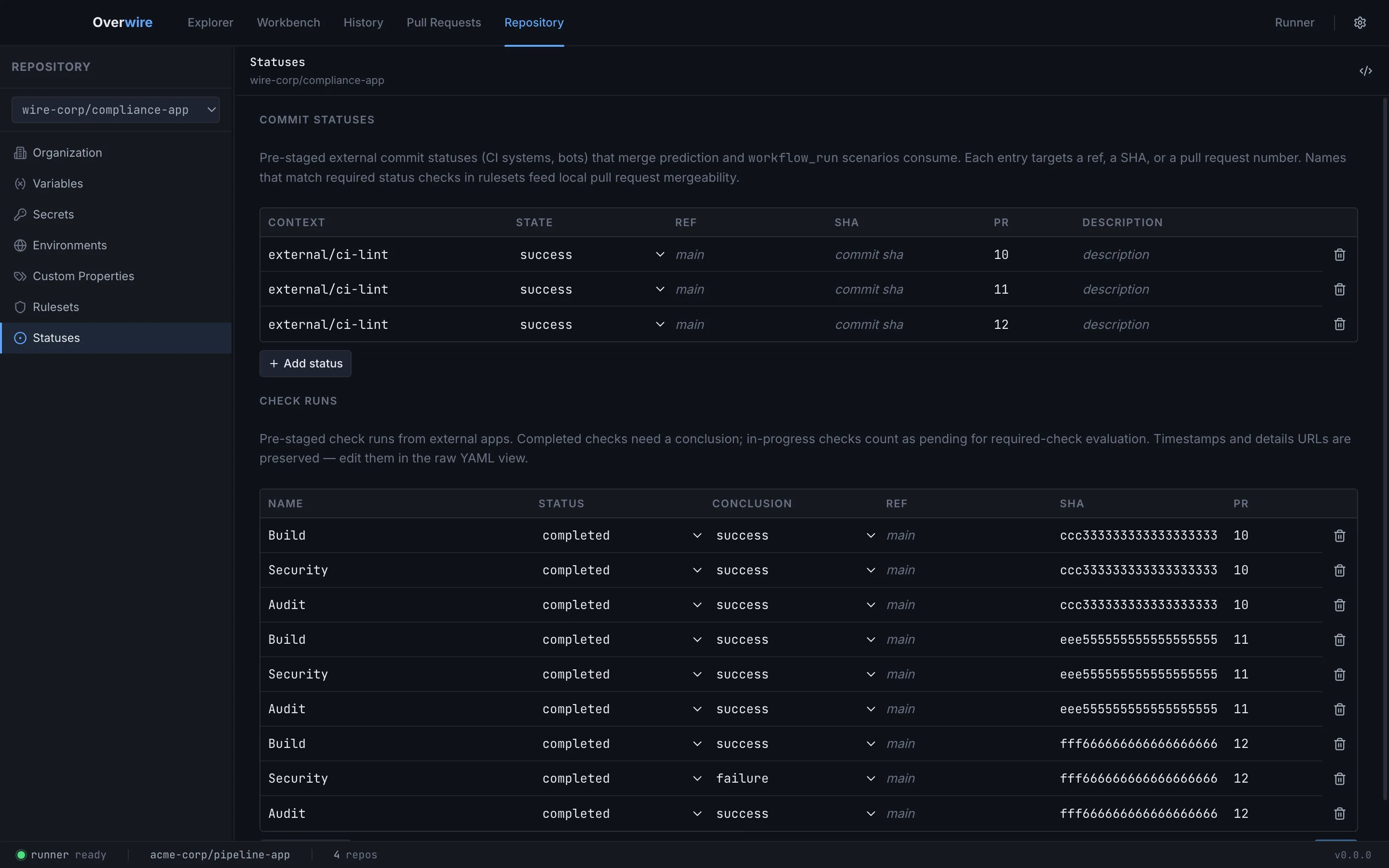 The statuses section with pre-staged commit statuses and check runs per pull request