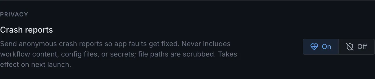 The crash reports toggle in the Privacy section